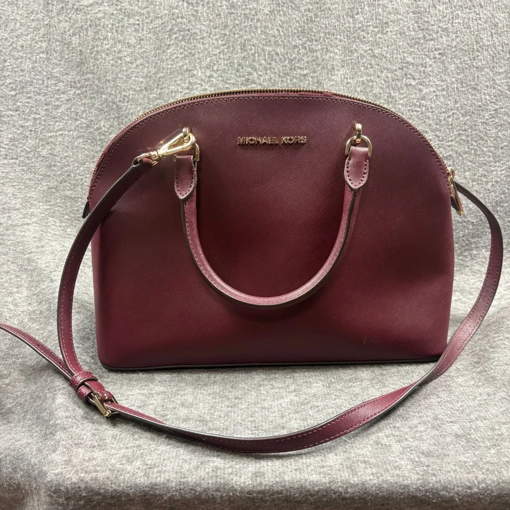 Michael Kors Burgundy Saffiano Dome Satchel Crossbody Shoulder Bag Minimalist - Picture 2 of 16